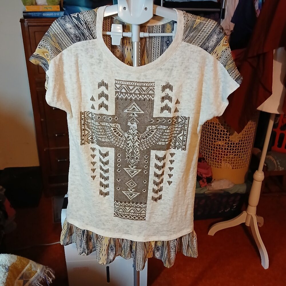 Vocal USA Women's Medium Southwest Aztec Eagle Cross Sheer Back Top